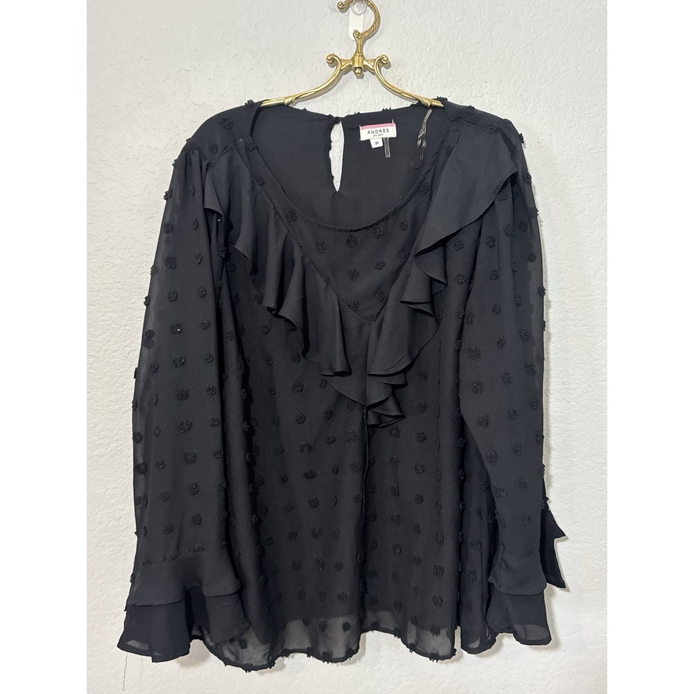 Andree by Unit‎ Black Swiss Dot Ruffle Long Sleeve Blouse 3X Plus Size Romantic